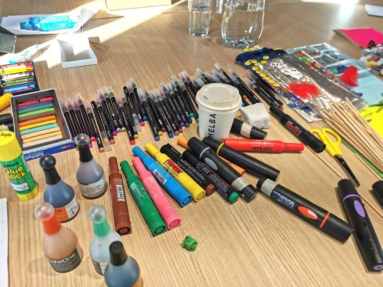 Scribing supplies - markers, ink, pens, lots of colours